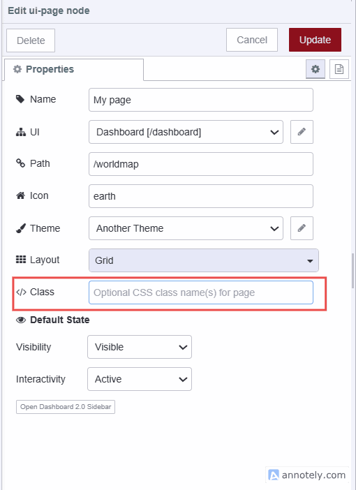 "Screenshot showing the class property input field"