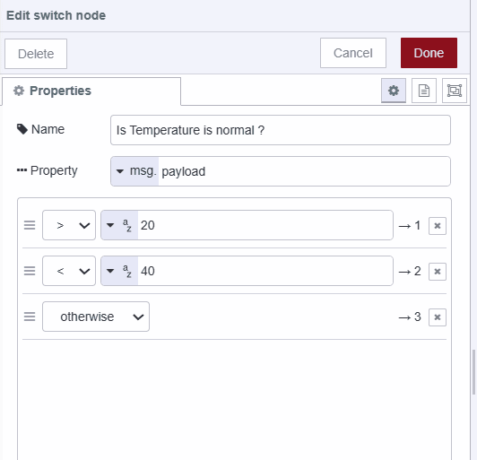 "Screenshot displaying the switch node with conditions checking whether the temperature is normal or not"